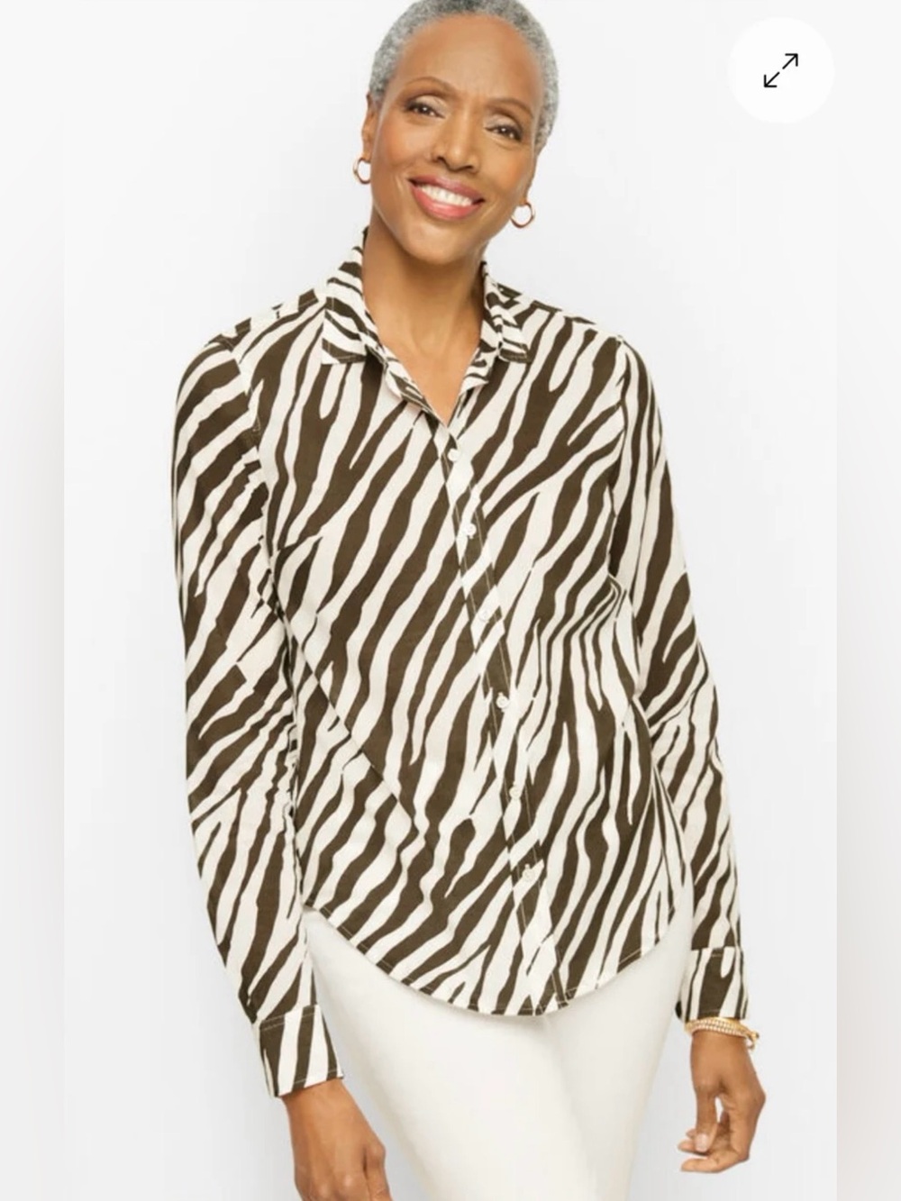 Talbots brown/army green striking zebra lightly sheer cotton blouse